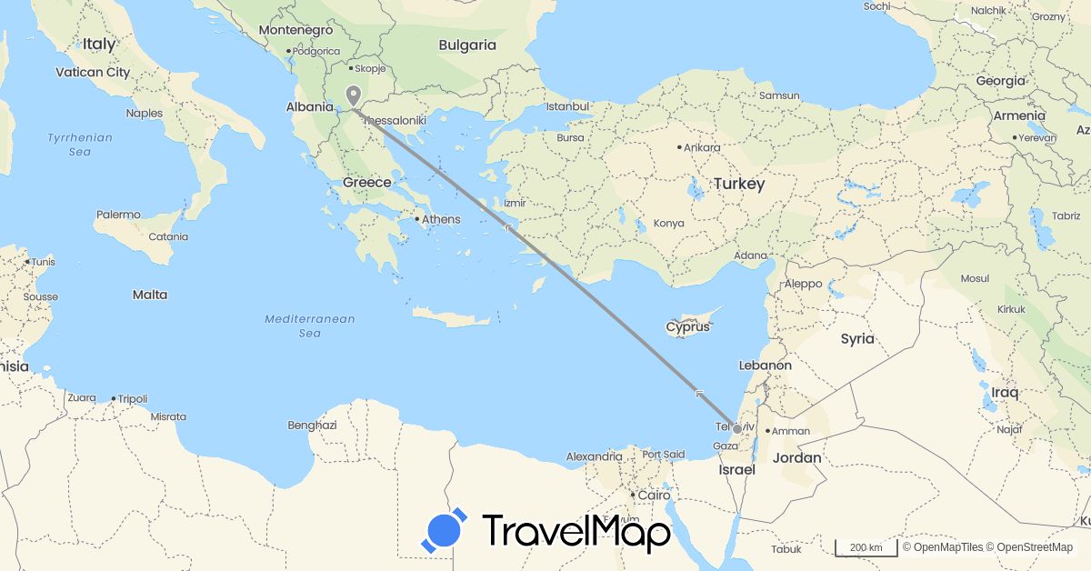 TravelMap itinerary: driving, plane in Israel, Macedonia (Asia, Europe)